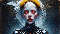old worn paper, Ethereal bald white woman with thorns, thistles and plant roots on her head, human brains biomechanics cyberpunk style digital painting depicting a glowing woman with robotic features, combining human and artificial elements in a gripping sci-fi scene with intricate details and a cinematic atmosphere. Red lips, gold fragments, silver particles, wind, swirls, glare, glow from within, 8K, fine rendering, high detail, hyperrealism, high resolution, multi-layered, hyperdetail, hyperf