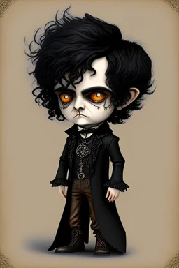 black haired black eyed young man necromancer steampunk Gnome that looks like a young Edgar Allan Poe with gothic jewelry in the style of Charles Addams