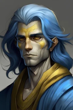 Man, blue skin and silvery tabby, medium-long dark blue hair, disheveled, eyes bronze-yellow , his ears are very long