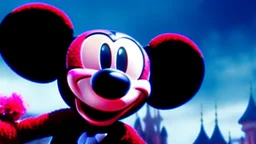 a spider mickey mouse hybrid, photorealism, movie screen capture, horror, sci-fi, retrofuturism, evil, demon-like