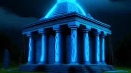 A temple with cyan lightning designed in African pottery