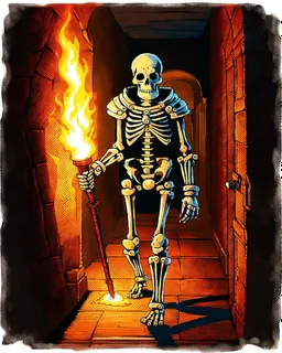 A frightening castle dungeon hallway with a skeleton warrior in rusty chainmail holding a burning torch painterly rpg art