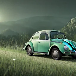 An old green VW Beetle, driving towards an Austrian castle, 8k, HD, cinematography, photorealistic, Cinematic, Color Grading, Ultra-Wide Angle, Depth of Field, hyper-detailed, beautifully color-coded, intricate details, beautifully color graded, Cinematic, Color Grading, Editorial Photography, Depth of Field, DOF, Tilt Blur, White Balance, 32k, Super-Resolution, Megapixel, ProPhoto RGB, VR, Halfrear Lighting, Backlight, Natural Lighting