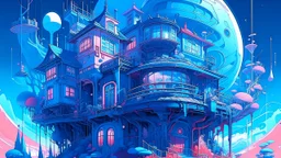 mysterious retrofuturistic house, extremely detailed, sharp focus, wide view, full body shot, smooth, digital illustration, by james jean, by rossdraws, frank franzzeta, mcbess, sakimichan, brosmin, danton fadeev, steve simpson and lisa frank and matthew