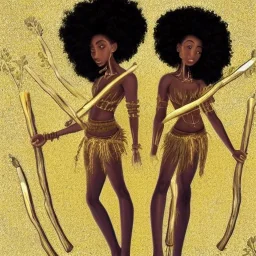 Biologically Female Twins, black skin, tall and slender, long afro kinky hair,big brown eyes, warrior wear. Gold accents on clothing. Surround by trees. Holding golden spears. Starry night