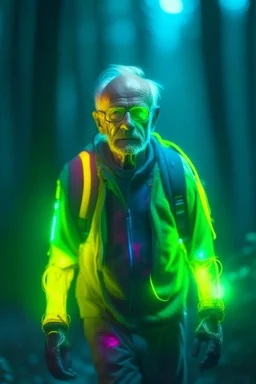 portrait of flashy neon cyborg old man using a walker in the woods, zeiss prime lens, bokeh like f/0.8, tilt-shift lens 8k, high detail, smooth render, down-light, unreal engine, prize winning