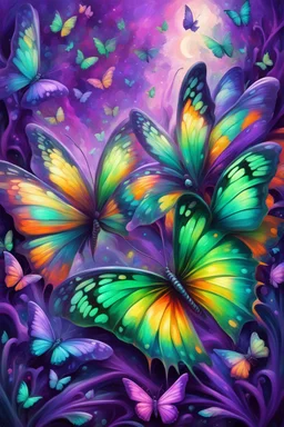 vibrant psychedelic oil painting image, airbrush, 64k, cartoon art image of background purple and green BUTTERFLIES , futurism style
