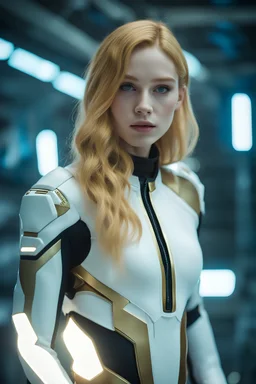Photo of a girl with golden hair and white spandex suit sci-fi setting space award-winning full-body F105/2.8