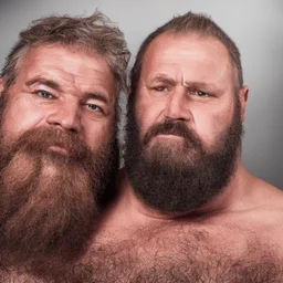 portrait photo of two 55 years old vikings embraced muscular chubby and hairy beard manly chest hairy shoulders emotive eyes hyper-realistic 4k cinematic photographic