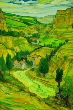 A lime green village near a canyon painted by Vincent van Gogh