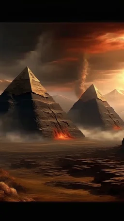 A several volcanos exploding over a the Permit of Egypt in high definition cinematic theme with stormy fiery sky. 3 UFO triangle shapes hovering over