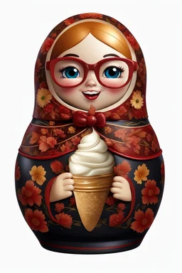 draw a Russian matryoshka doll in the style of Khokhloma, the matryoshka is smiling, the matryoshka has a icecream in her hands, a frontal angle, a picture on a white background, the matryoshka is drawn entirely, a highly detailed 3d picture