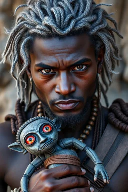 beautiful black skin warrior man gray hair holding a voodoo gray doll with big eyes