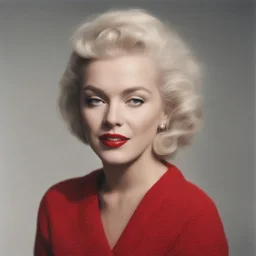 Marilyn monroe, she has a hair bun,,, in a large red woollen sweater, v collar, white bacground in the sun