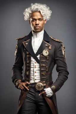 young and handsome mulatto man with wavy short white hair, dressed in steampunk style naval uniform