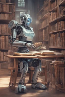 A huge library is serviced by computers, and there are many books on the shelves. The robot is sitting on a chair at the table and holding an antique book in his hands. Expression. High-quality drawing, 8K