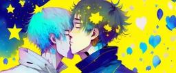 portrait anime man kissing man, ,yellow, stars hearts water, blue, watercolor, Yoshikata Amano, Edwin Landseer, Ismail Inceoglu, Russ Mills, Victo Ngai, Bella Kotak, hyperdetailed 8K resolution HDR DSLR, ultra detailed, ultra quality, CGSociety, intricately detailed, color depth, gliter, kiss