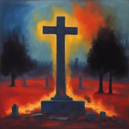 Graveyard on fire, celtic cross gravestones, deconstructed angel of death silhouette: deconstructed color field oil painting in the styles of Mark Rothko, sloppy brushstrokes,