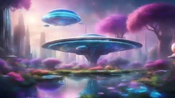 one very large big spaceship iridescent ufo, ethereal flowered garden, colorful futuristic city