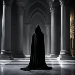 [hooded hidden face] The dark, hooded figure known as the Nazgul stood silently behind a towering column in the opulent palace, its presence shrouded in mystery and foreboding. The hooded cloak billowed ominously around its form, concealing any glimpse of a face or identity. Shadows danced across the marble floors as the figure observed the lavish surroundings with a sense of detached malevolence.