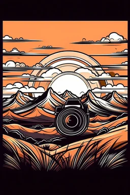 A panoramic camera capturing a vast mountain landscape at sunset, with dramatic cloud formations. Style: Bold, graphic, Mood: Epic, Lighting: Warm sunset colors, T-shirt design graphic, vector, contour, white background tune share more_vert