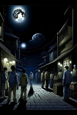 THE MOON HIDDEN SHADOWY FIGURES in old busy market meeting big brother STYLE OF HIROKU OGAI