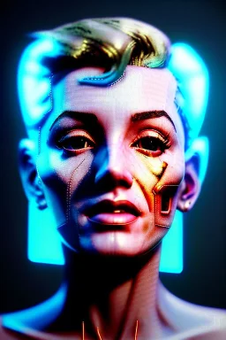 Ultra Realistic image, portrait, blonde woman, sweet Marylin Monroe face, perfect iris, glow eyes, glow makeup. Cyborg, Cyberpunk, ghost in the shell style, wires connected, oversized transparent latex coat, yakuza tattoos body. fog, rain, soft color, highly detailed, unreal engine 5, ray tracing, RTX, lumen lighting, ultra detail, volumetric lighting, 3d, finely drawn, high definition, high resolution.