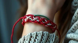 very close-up photo of a bracelet made of red-white-green yarn on a woman's wrist, detailed, sharp contrasts, realistic, cinematic, blur background