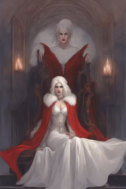 Beautiful white haired Vampire queen on her throne, drawing. Wearing a red cloak with a fur collar