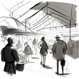 BOCETO A LINEAS DE ZONAS para personajes caracteristicos EN UNA FERIA O ESPACIO PUBLICO DE VENTAS