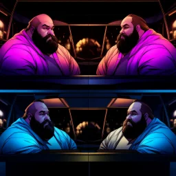 comicbook 2 panels, a fat, bearded man (watching tv:1.8),,comic book panels, multiple angles, a mixture of lighting and color palettes.