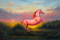 Big pink plastic toy horse.19th painting