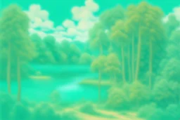 A turquoise jungle with a lake painted by Alfred Sisley, Bruegel painting style