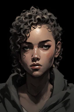 Portrait of a young female with short curly hair. Include a short black horn on her forehead, and make it distinctive. include gray eyes, with a dark tanned skin complexion. Draw the portrait in the style of Yoji Shinkawa.