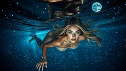 Airbrush, A slender, ethereal woman with cascading blonde hair and piercing sapphire-blue eyes dives into the velvety blackness of the ocean, surrounded by an otherworldly aura of bioluminescence that shimmers like a thousand tiny lanterns. Airbrush, The water around her sparkles with a mesmerizing glow, as if filled with stardust, with delicate, swirling patterns that evoke the shimmering beauty of the night sky. Stars and the moon hang low in the background, casting a silvery glow across the s