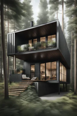 large house in the woods made from shipping containers, photorealistic