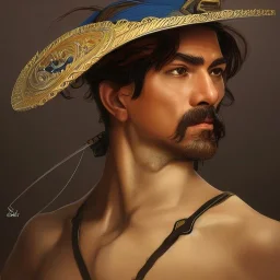 portrait,"Insanely detailed photograph of a male western mustachioed crossbowman", charo detailed, sequenced Sombrero, detailed held dagger, digital painting, artstation, concept art, smooth, sharp focus, illustration, art by artgerm and greg rutkowski and alphonse mucha, 8 k,fantasy, unreal engine