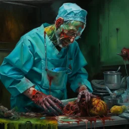 hauntingly visceral matte oil painting featuring a sinister zombie doctor dressed in stained surgical scrubs doing surgery. The doctor, adorned with facial sores, and a chilling open mouth expression. The scene is bathed in eerie, grainy colors, with a macabre atmosphere. The composition is dynamic, with complex contrast and a sinisterness that invites both fascination and unease, style by Grant Morrison and Kelley Jones