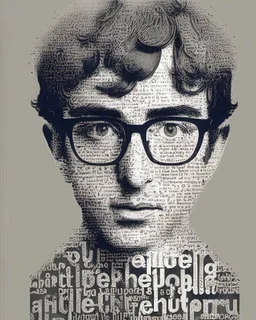 portrait of identical young nerd Woody Allen in typographic style print, very likely, big letters character gutemberg typowriters