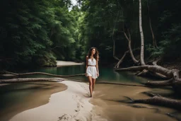 beautiful girl walking toward camera in trees next to wavy river with clear water and nice sands in floor.camera capture from her full body front