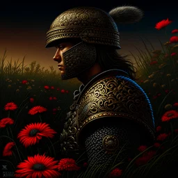 Warrior with helmet, midsummers eve, traditional, pagan, painted, digital painting, 24k, high resolution, highly detailed, ornate, meadow with flowers and trees, art by Manuel Sanjulian