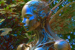 3D render ultra detailed of a beautiful angel, from knee to head, biomechanical cyborg, analog, 35 mm lens, beautiful natural soft rim light, big leaves and stems, roots, fine foliage lace, colorful details, samourai, pearl earring, heavely tattoed, intricate details, mesh wire, mandelbrot fractal, facial muscles, cable wires, microchip, badass, hyper realistic, ultra detailed, octane render, volumetric lighting, 8k post-production, red and white, detailled metalic bones, semi human, by Glenn Br