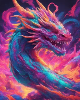 Close up shot, Dragon in a vibrant synthwave dreamscape, neon chaos swirling energetically around pixelated forms, a dynamic fusion of retro gaming nostalgia and futuristic abstraction