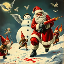 there is no kebabs at christmas, evil Santa, evil gnomes running around, staring flaming eyes, evil Rudolf, very big evil angry Frosty the snowman in background, kebabs and kebab, 1940 christmas postcard, blood stains, Flying angel Cherubs, Santa holding a knife