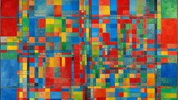 Abstract geometric painting with a grid-like structure, featuring a dominant red square at the center, surrounded by various colored rectangles and squares in shades of blue, yellow, green, and gray, the composition employs a muted color palette with a rough, textured finish, reminiscent of oil pastels or chalk on paper, the lighting is soft and diffused, enhancing the textural qualities of the artwork, the style is reminiscent of early 20th-century abstract art movements, with a focus on geomet