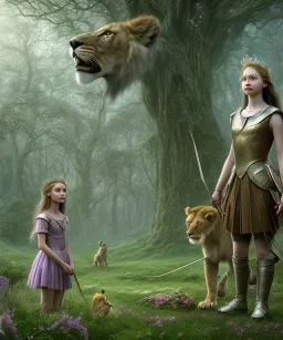 Young beautiful girl wearing floral crown and standing next to a stunning lion on nature forest path, Chronicles of Narnia, 8k resolution, high-quality, fine-detail, iridescent, intricate, digital art, detailed matte, volumetric lighting, beautiful, illustration, 3D octane render, Chronicles of Narnia, brian froud, howard lyon, selina french, anna dittmann, annie stokes, lisa parker, greg rutowski,