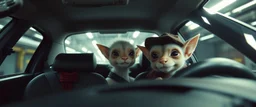 extreme close up on cheeky fluffy weasel cowboy elf family scumbag in the car in the style of Escher and Giger and Fallout 4, pinhole cam, airbrush 3d rendering, on tv screen:A five-second cinematic single take in a clean industrial presentation hall.