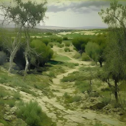 An olive green wasteland near an abandoned plague town painted by Claude Monet