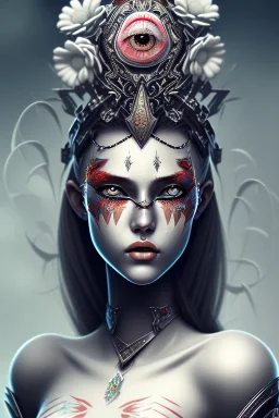 lady warrior with white top and eye black and flowers