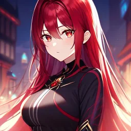 girl, masterpiece, best quality, volumetric lighting, detailed outfit, perfect eyes, crimson hair, red eyes, long hair,